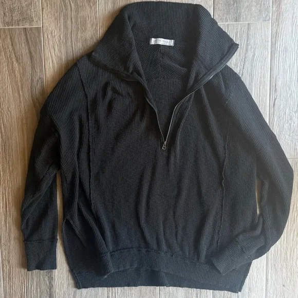 Free People We The Free Black Wash Quarter Zip Pullover XS Oversized Rib - Picture 3 of 7